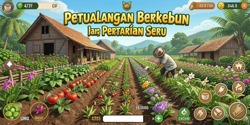 Screenshot gameplay 47F menunjukkan proses berkebun yang seru.