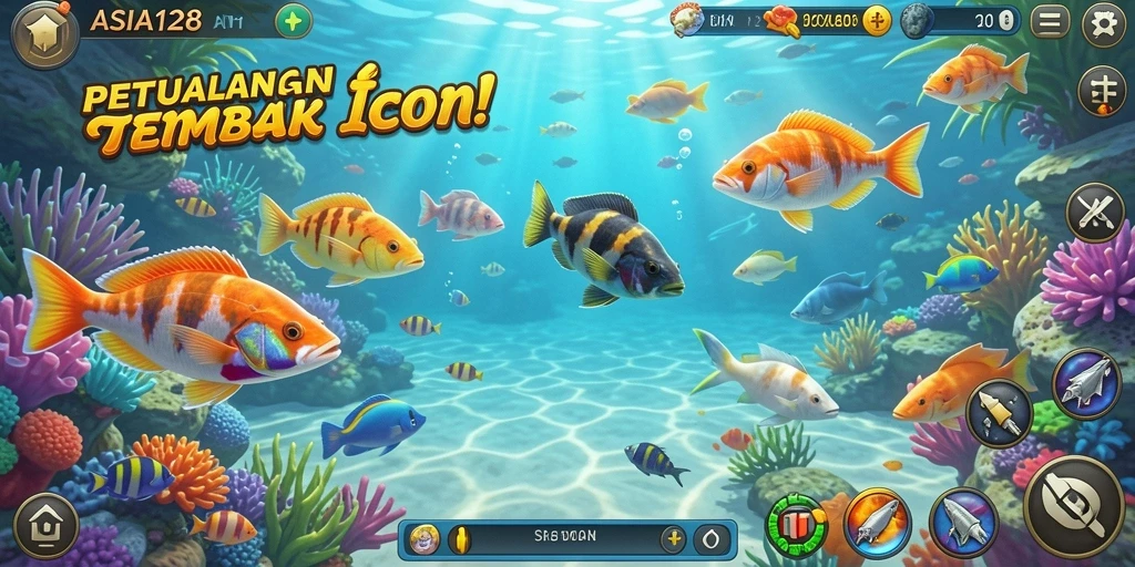 Screenshot utama dari game Tembak Ikan ASIA128 menampilkan aksi menembak ikan yang mendebarkan.