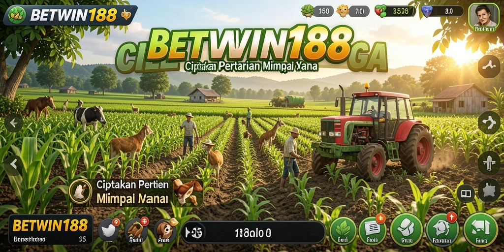 Gambaran gameplay BETWIN188 dengan pertanian berwarna-warni dan aktivitas seru.