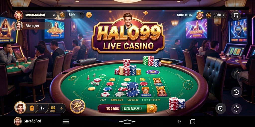Screenshot gameplay HALO99 menampilkan dealer profesional dan interaksi pemain.