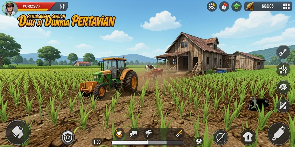 Tangkapan layar menunjukkan gameplay seru dan berbagai aktivitas bertani.
